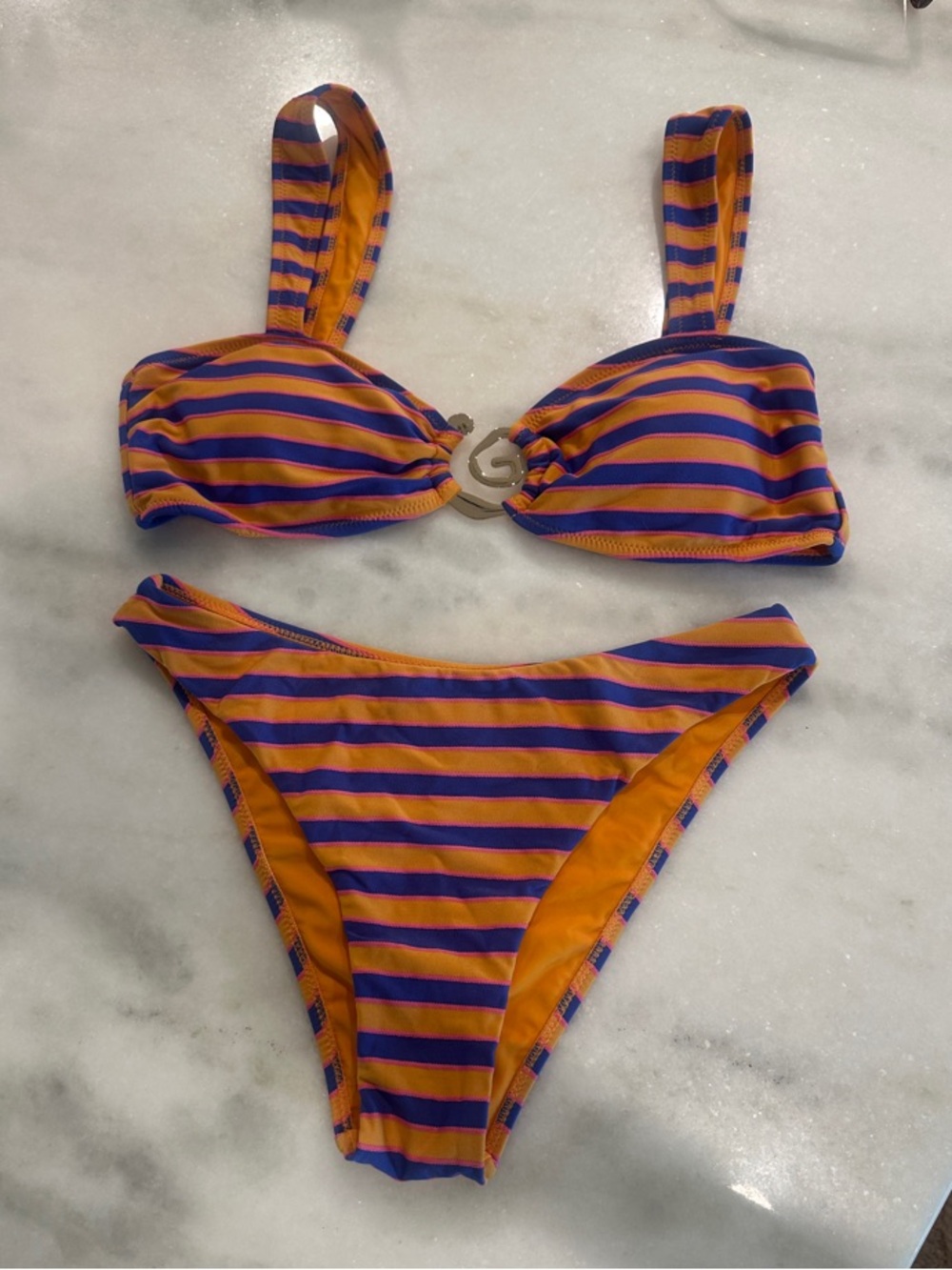 Striped Purple & Orange Bikini Set with Gold Accent